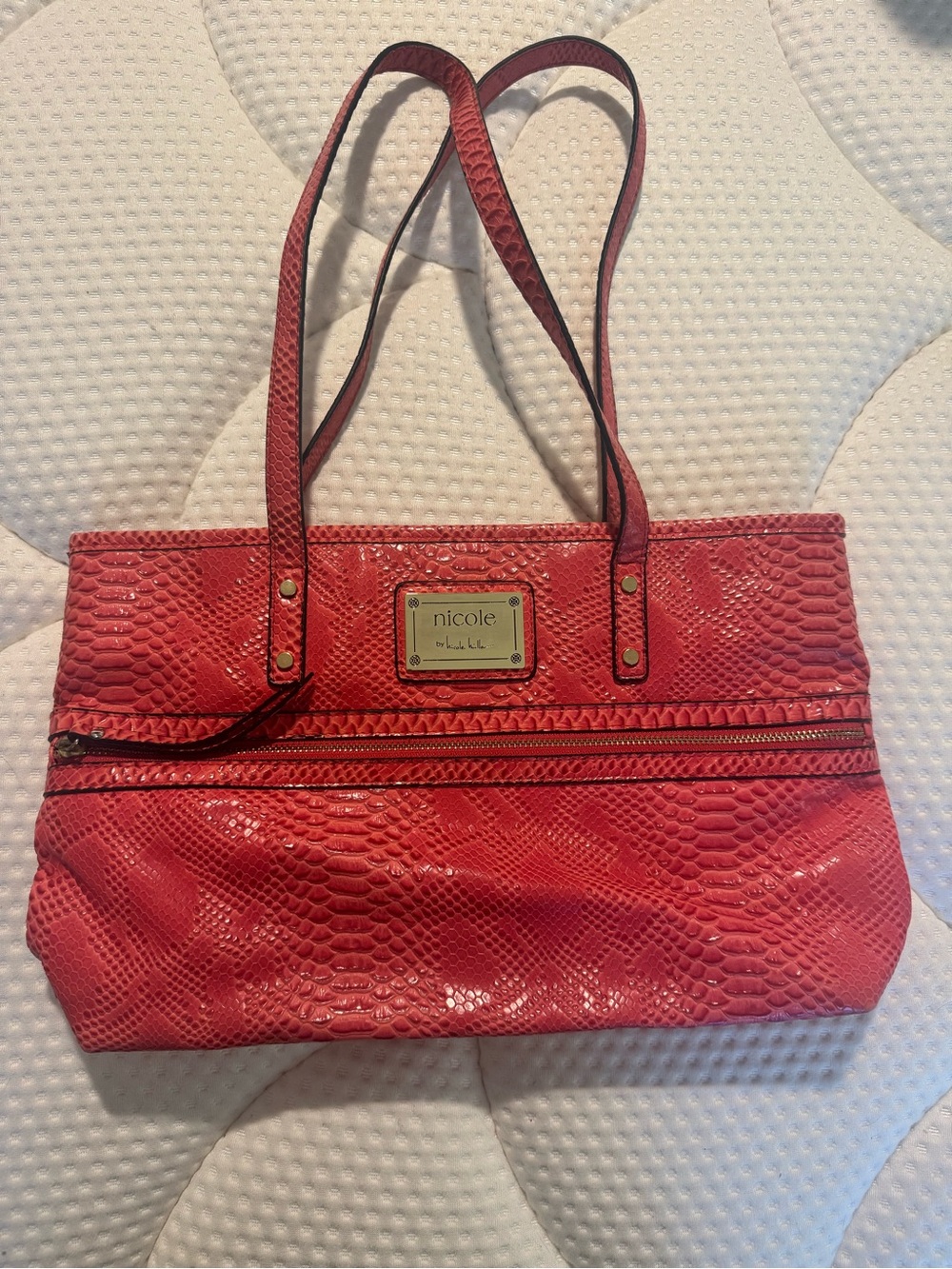Nicole by Nicole Miller Coral-Red Snake-Embossed Shoulder Tote